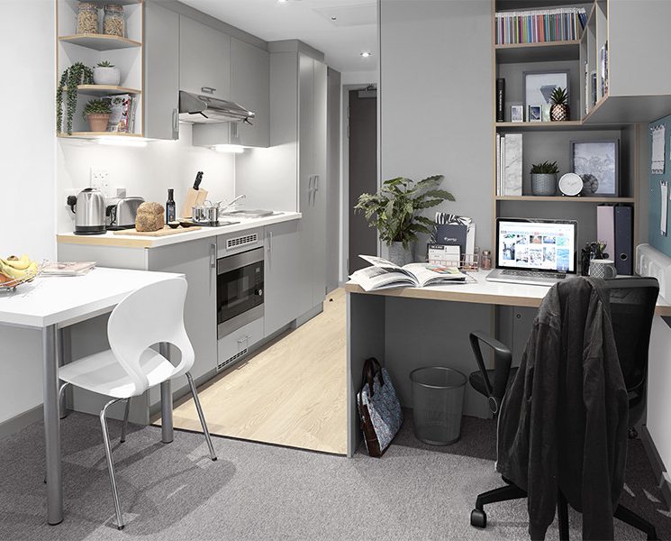 study desk and kitchenette