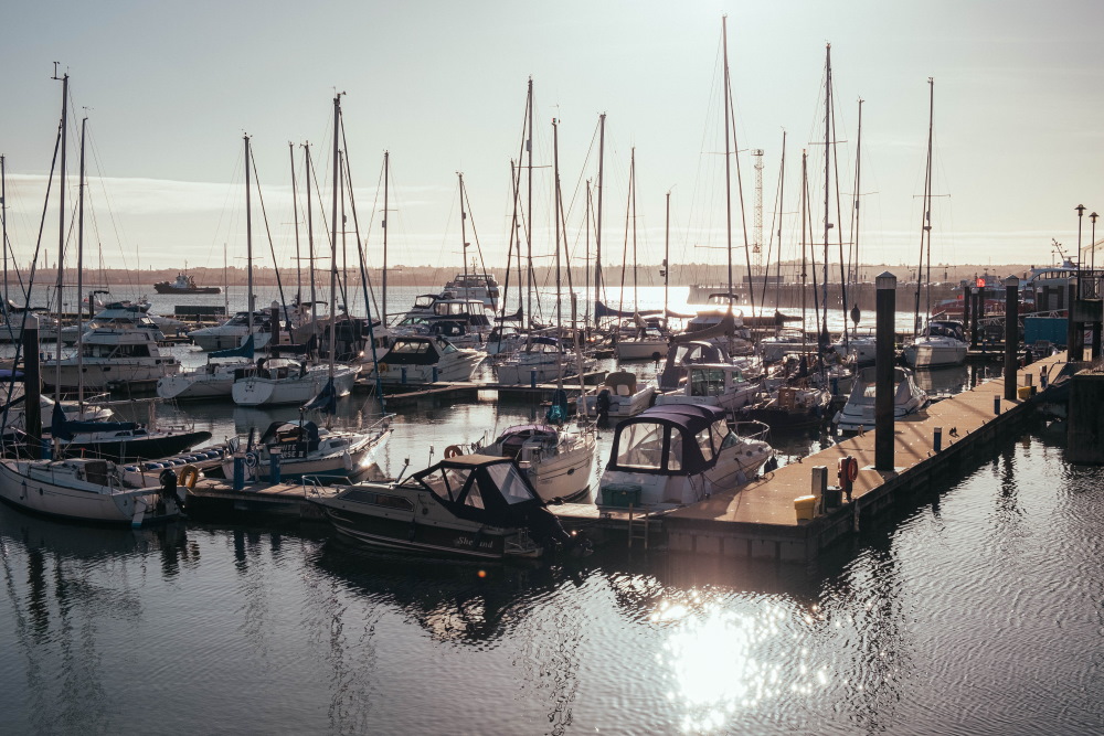 Southampton marina with boats and yachts docked near the water.