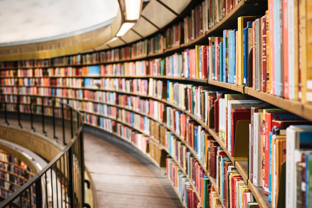 A curved wall full of bookshelves.