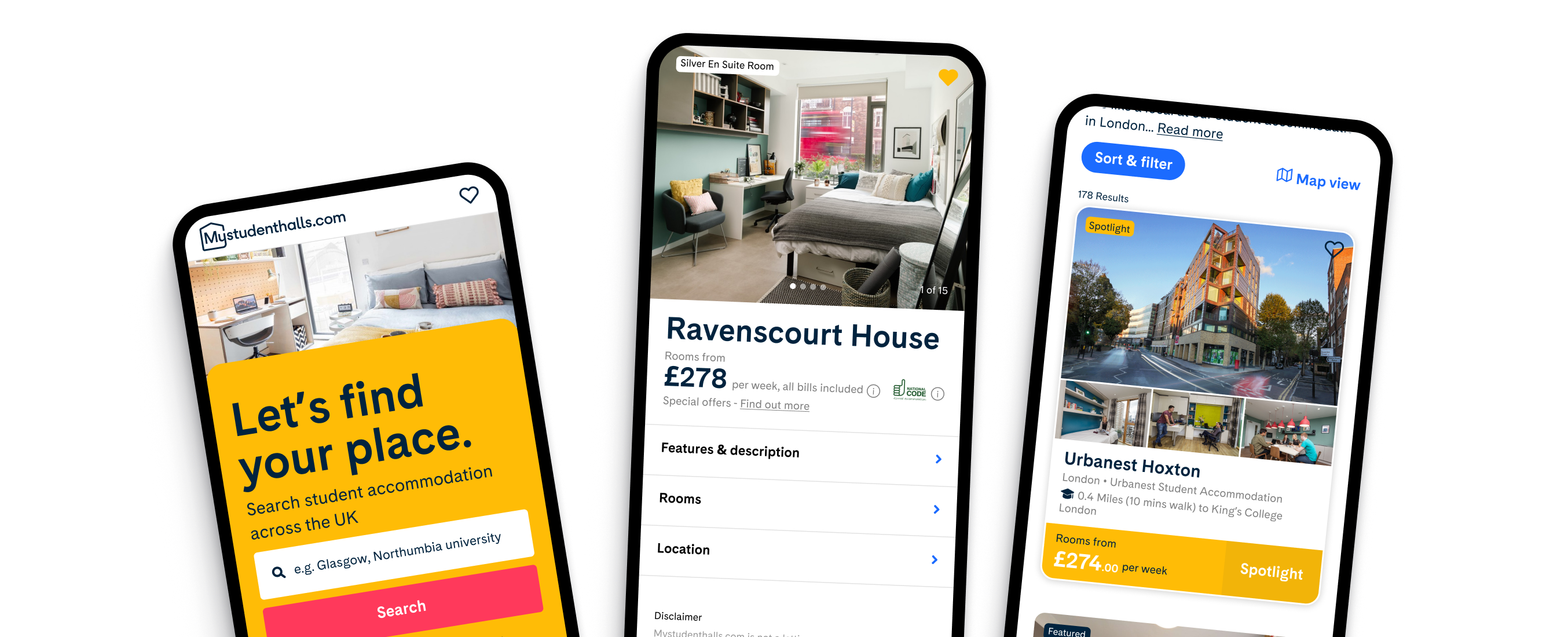 Screenshots of mystudenthalls.com on three mobile phones
