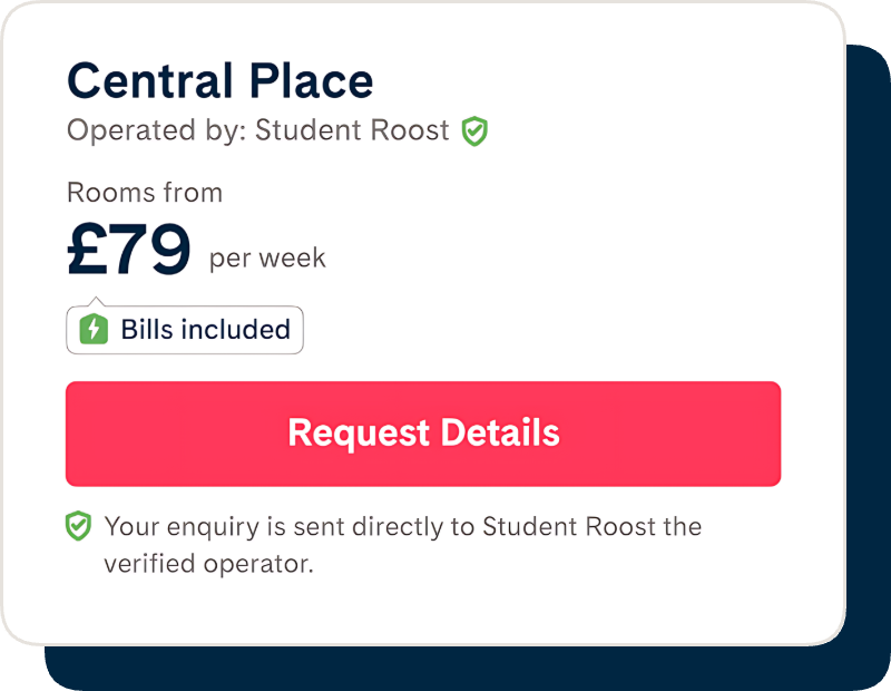 Example listing card on Mystudenthalls.com showing the green Verified operator badge and the Request details button